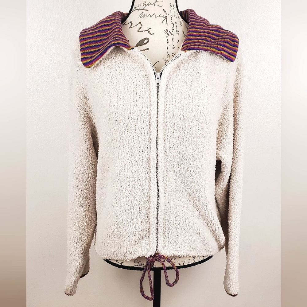 Urban Outfitters Sherpa Zip Jacket M Cream Rainbow Collar Drawstring Hem